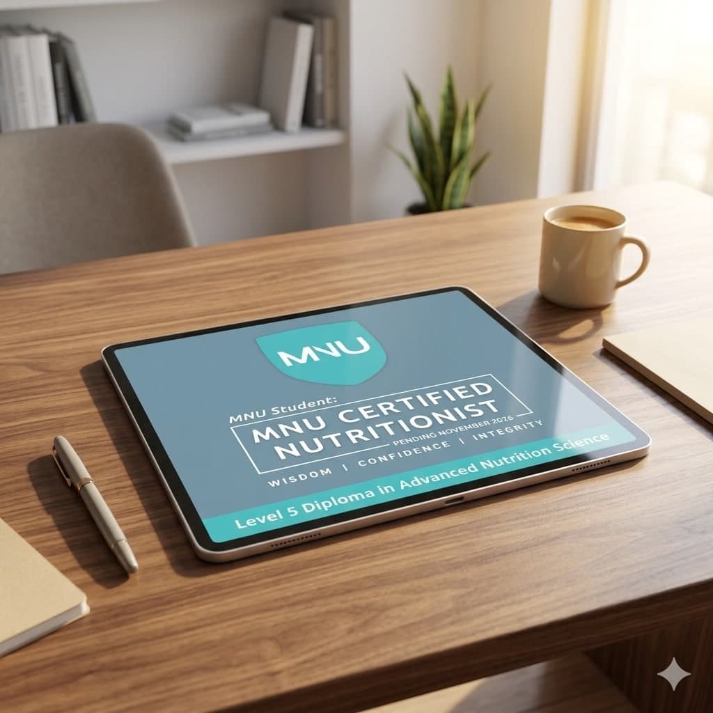 Tablet na stole se zobrazením studia Mac Nutrition University (MNU)